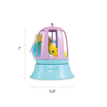 Purple dome interactive cat toy with yellow bird inside and blue ball-track base