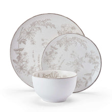 Stoneware dinnerware set with round gray floral plates and white bowl
