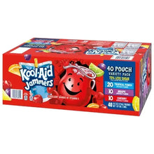 Juice pouch variety pack carton with Kool-Aid Jammers logo and flavor mix list
