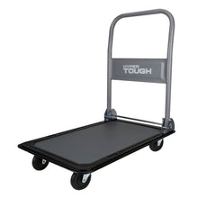 Rolling utility cart with dark tray and gray handle, four caster wheels