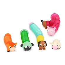 Five springy farm animal sensory tubes in orange, green, pink, yellow, and aqua