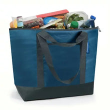 Insulated shopper tote in blue with gray handles, open top, and visible contents