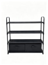Black metal 4-shelf storage organizer with two fabric bins, open shelves