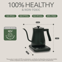 Black electric gooseneck kettle on its base with pour spout and handle