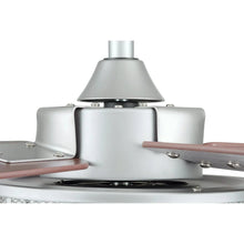 Close-up of pewter ceiling fan motor housing and two light-gray blades