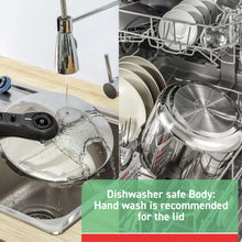 Pressure cooker lid being washed, with stainless parts in a dishwasher rack