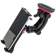 Black phone holder with suction cup base, adjustable side clamps, red accent ring
