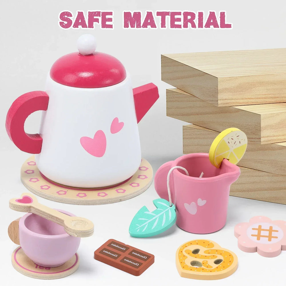 JoyStone Wooden Tea Party Set for Toddlers, Pretend Play Tea Sets for Kids with Storage Cupcake Stand, Wooden Toys Gifts for Girls & Boys - USA MEGA SHOP