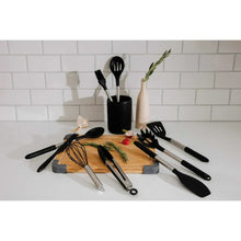 Black 10-piece silicone cooking utensil set with holder and assorted tools