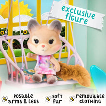 Mouse plush figure in a pink dress on a dollhouse porch with white railings
