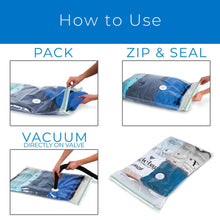 Compression bag use steps: pack, zip and seal, vacuum directly on valve