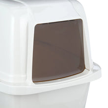 Enclosed cat litter box front view with dark tinted window and hinged hood