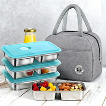 Gray insulated lunch bag with stacked stainless steel snack containers and teal lids
