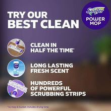 Swiffer Power Mop kit with power mop device, cleaning solution bottle, and mopping pads