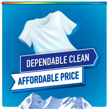Laundry detergent label with white T-shirt icon and badges for dependable clean, affordable price