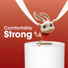 Toilet paper roll with bunny illustration and 'Comfortably Strong' callout