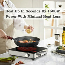 Electric single-burner hot plate with black cooktop and stainless base under a frying pan