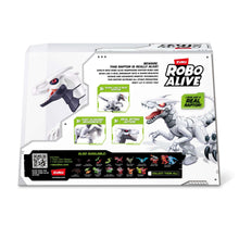 Robo Alive electronic robotic raptor dinosaur toy retail box, white and green back panel