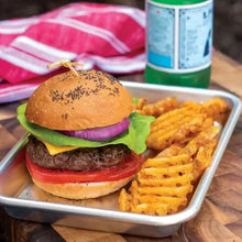 Eighth sheet pan with burger and fries, silver metal baking tray