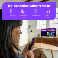 Voice remote in hand with TV controls icons on screen