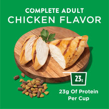 Chicken flavor graphic with sliced chicken, kibble, and 23g protein per cup