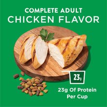 Adult chicken flavor dry dog food graphic with protein 23g per cup