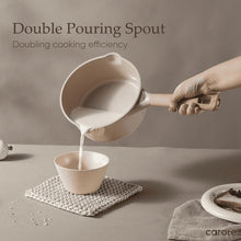 Taupe ceramic nonstick sauce pan with dual pouring spout and wood handle