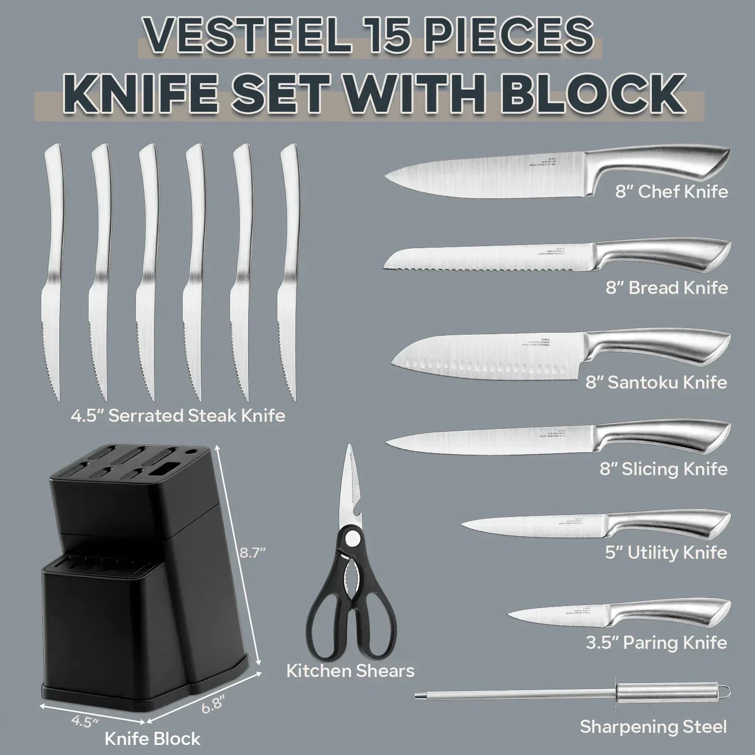 Vesteel Knife Set for Kitchen with Block, 15 Pcs High Carbon Stainless Steel Kitchen Knife Set with Self Sharpening - USA MEGA SHOP