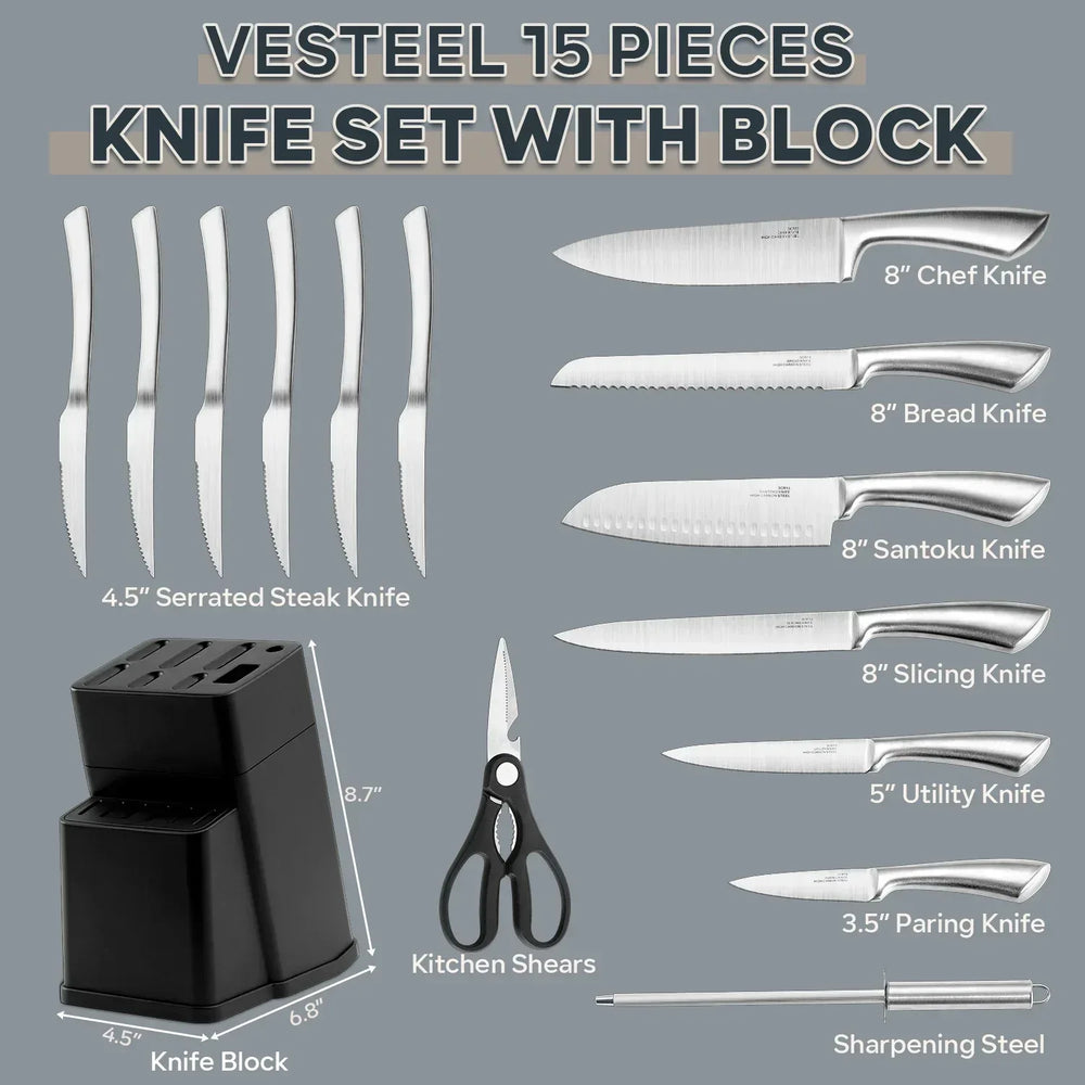Vesteel Knife Set for Kitchen with Block, 15 Pcs High Carbon Stainless Steel Kitchen Knife Set with Self Sharpening - USA MEGA SHOP