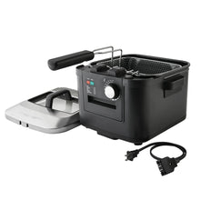 Electric deep fryer with frying basket, black fryer body, and power cord