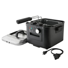 Electric deep fryer with removable lid, metal basket, handle, and power cord