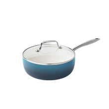 Denim blue ceramic non-stick saucepan with glass lid and stainless steel handles