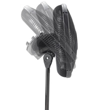Black oscillating pedestal fan head showing grill and tilt-back bracket
