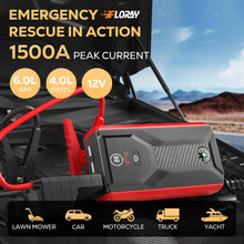 12V car jump starter with red jumper cables and 1500A peak boost label