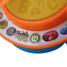 Orange center drum base with colorful button panel and power-style icon