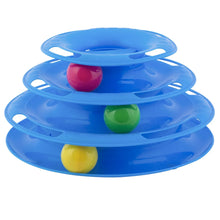 Triple-tier blue ball chase tower toy with three rings and red, green, yellow balls