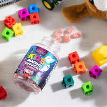 Kids immune support gummy bottle with colorful cube blocks and berry gummy pieces