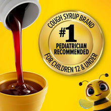 Children's cough syrup bottle pouring dark liquid and pediatrician recommended badge