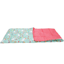 Kids rectangular sleeping bag with unicorn print, turquoise shell and pink section