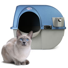 Blue self-cleaning litter box with side waste tray and arched entry opening