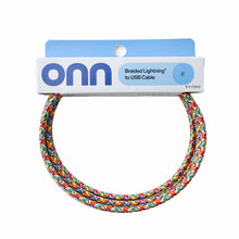 onn braided Lightning to USB cable, rainbow multicolor braid, retail package shown