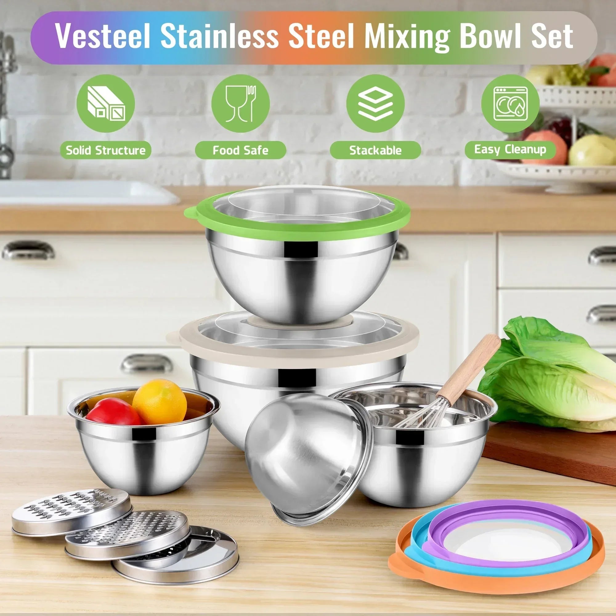 Vesteel Mixing Bowls with Lids Set of 8, Stainless Steel Prep Bowls with Upgraded Airtight Visible Lid, Metal Nesting Bowl Attach with 3 Graters for Kitchen Grating/ Shredding / Mixing - USA MEGA SHOP