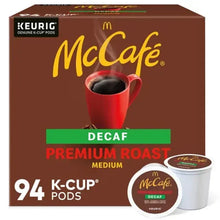 Decaf premium roast K-Cup coffee pods box, 94 count, McCafe and Keurig branding