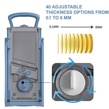 Blue vegetable mandoline slicer with 40 adjustable thickness settings dial