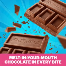 Milk chocolate bar pieces with molded squares and Feastables logo