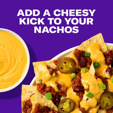 Nachos topped with queso dip and jalapeño slices