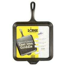Pre-seasoned square cast iron griddle shown in retail packaging