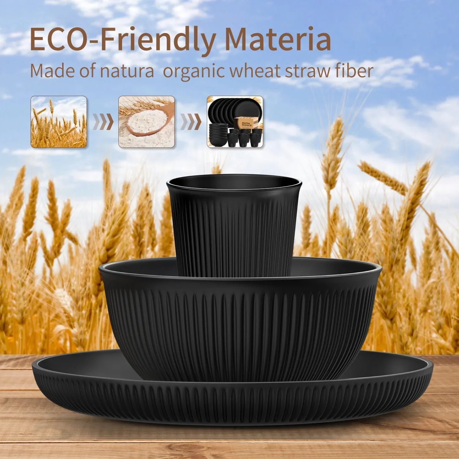 TINANA Wheat Straw Dinnerware Sets, Service for 6, 18 PCS Unbreakable Plastic Dinnerware, Freezer Dishwasher Safe - Beige