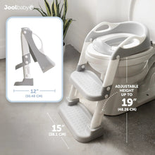 Gray adjustable-height potty training seat with splash guard and two-step ladder