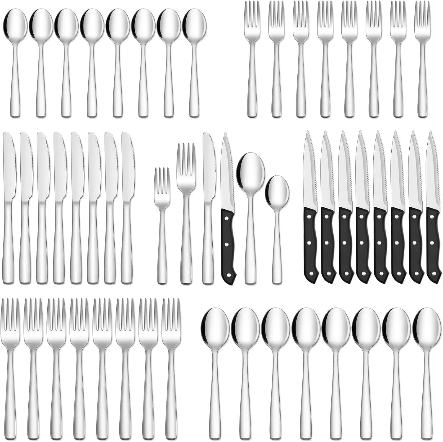 48-Piece Mirror Finished Black Silverware Set with Steak Knives, Black Flatware Set for 8, Stainless Steel Tableware Cutlery Set, Utensil Sets for Kitchen